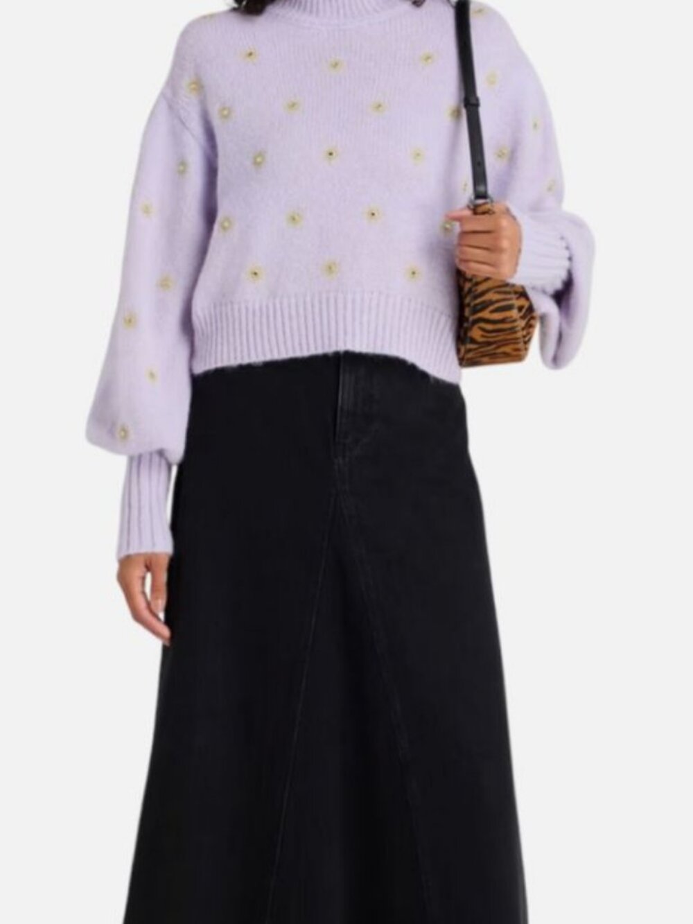Farm Rio Women's Purple Wool Mirror Embroidered-Knit High Neck Sweater Size L